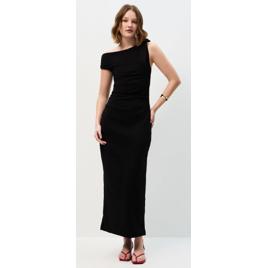 Vestido Midi com Um Ombro Só e Aplicação de Laço Preto