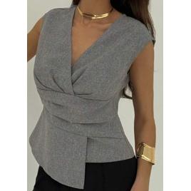 Aloruh Camisa Elegante de Cor Sólida Minimalista com Decote em V, Cintura Cruzada