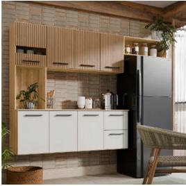 Armário de Cozinha Completa Aéreo 7 Portas e 2 Gavetas Planejada Suspenso Branco Off White Ripado Carvalho Nature Amadeirado Juliana