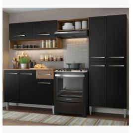 Armário de cozinha modulada completa compacta Emilly pop com armário e balcão cor rustic/preto GREM229002