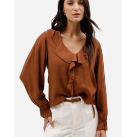 bata feminina de chiffon com babados e manga longa marrom