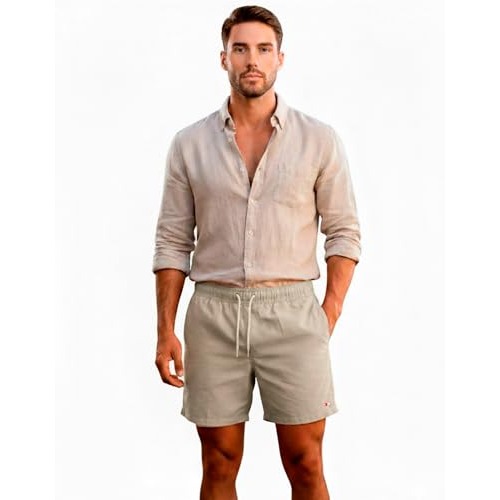 Bermuda Shorts Masculina Sandrini Linho Casual Elástico (BR, Alfa, GG, Regular, Regular, Bege)