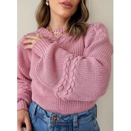 Blusa Cropped Manga Longa Bufante Tricot Com Trança Feminina