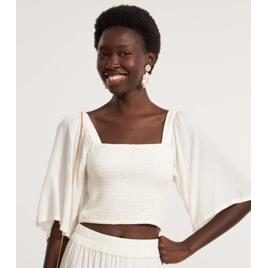 Blusa Croppet com Manga Ampla e Lastex Off White