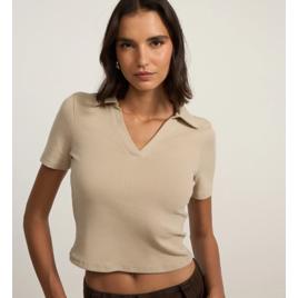 Blusa em Ribana com Gola Polo e Manga Curta Bege