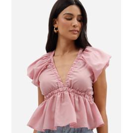 blusa feminina decote v com babado manga bufante rosa