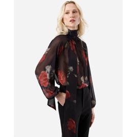 Blusa feminina gola alta com amarração floral preta
