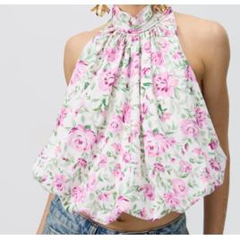 Blusa Halter Floral em Tricoline com Volume Balonê Off White