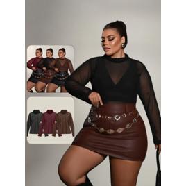 Blusa Plus Size Em Tule Premium Gola Alta Manga Longa