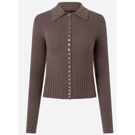 Blusa Regular em Tricô com Mini Botões e Gola Polo Marrom