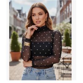 Blusa Tule Poá Bolinha Segunda Pele Transparente Gola Alta