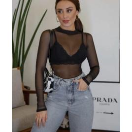 Body Tule Transparente Manga Longa