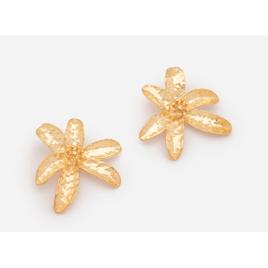 Brinco Médio Flor com Textura Martelada em Metal Dourado