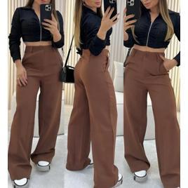 Calça Alfaiataria Feminina Wid Leg Pantalona Social Cós Alto