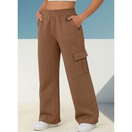 Calça Cargo Moletom Barra Flaire Reta Wide Leg