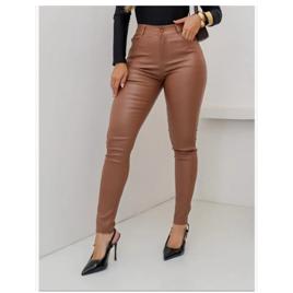 Calça Feminina Resinada Cintura Alta Skinny Couro Sintético