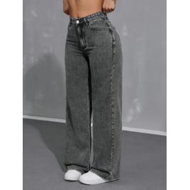 Calça Jeans Feminina Cargo Pantalona Wide Leg Cintura Alta