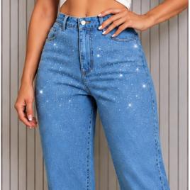 Calça Jeans Feminina Mom Cintura Alta Com Strass