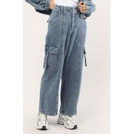 Calça jeans feminina reta cargo estonada - denim médio | Pool Jeans