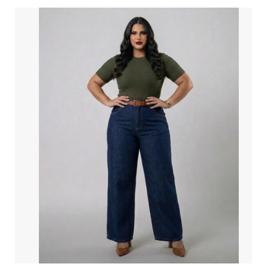Calça Jeans Wide Leg Feminina Plus Size Destroyed