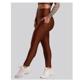 Calça de academia Legging Fitness Feminina GJR Modas Com Bolso Cabe Celular Canelado Brilhoso Cintura Alta Academia Brilho Marrom
