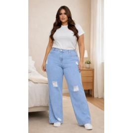 Calça Plus Size Jeans Feminina Wide Leg Levanta Bumbum