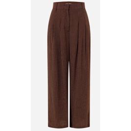 Calça Reta em Viscolinho com Estampa Listrada Marrom