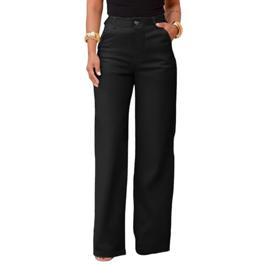 Calça Sarja Wide Leg Pantalona Alfaiataria Feminina com Lycra Cintura Alta Bolso Faca Elegante Confortável Premium (BR, Numérico, 44, Regular, Regular, Preto)