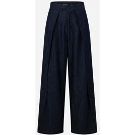 Calça Wide Leg em Jeans com Cós Transpassado Azul Escuro