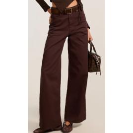 Calça Wide Leg em Sarja com Pespontos Contrastantes Marrom