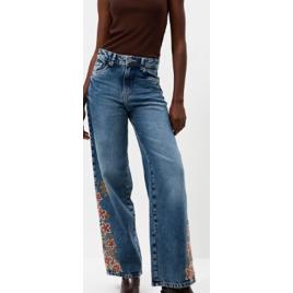 Calça Wide Leg Jeans com Cintura Média e Bordado Floral Azul