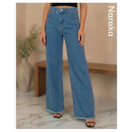 Calça Wide Leg Jeans Feminina Cintura Alta Levanta Bumbum