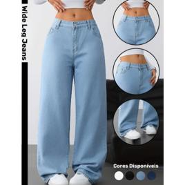 Calça Wide Leg Jeans Feminina Reta Perna Larga Empina Bumbum