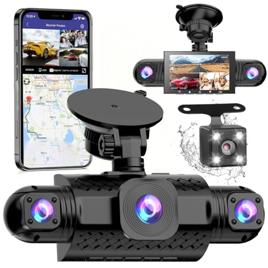 Câmera Veicular 4 Lentes Full HD 1080P, Dash Cam Frontal, Interna e Traseira, Visão Noturna IR, Tela IPS 3.0", Ângulo 170°, Sensor G, Gravação em Loop