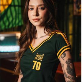 Camisa Brasil Retrô Treino 1970 Feminina - Verde escuro