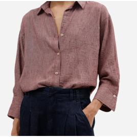 Camisa feminina com linho manga longa listrada vinho