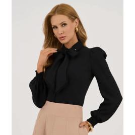 Camisa Via Tolentino Preta Crepe Feminina Laço Removível