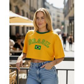 Camiseta Cropped Oversized Feminina Brasil Copa 100% Algodão