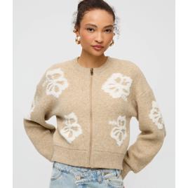 Cardigan Com Zíper Frontal e Estampa de Flores Bege