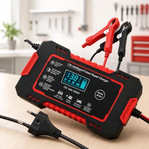 Carregador de Bateria Inteligente 12V 6A Bivolt com Display Digital, Proteção Contra Sobrecarga, Curto-Circuito e Superaquecimento para Carro, Moto e Caminhão