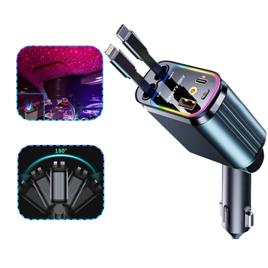 Carregador Veicular Turbo Cabo Retrátil Carregador Tipo C 60 Cinza