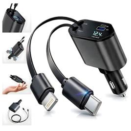 Carregador Veicular Turbo 120W 4 em 1 com Cabos Retráteis – USB, Tipo C e Lightning