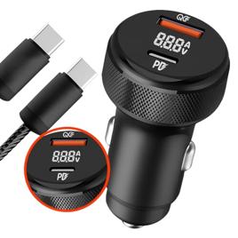 Carregador Veicular Universal Rápido para Carro Automóvel 60W Turbo Power com 2 Entradas USB + Cabo USB-C Incluso