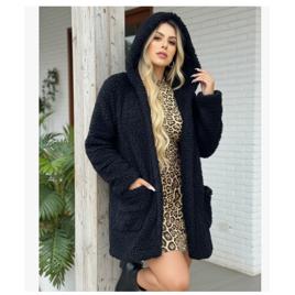 Casaco Sobretudo Teddy Com Bolso Capuz Forrado Pelo Inverno