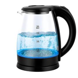 Chaleira Eletrica de Vidro Com Inox 1,8L -110V Ou 220V- Com Luz Indicadora Azul Desligamento Automático Tampa Com Trava e Proteção Alça Ergonomica Moderna Elegante Aquecimento e Fervura Rápidos (220V)