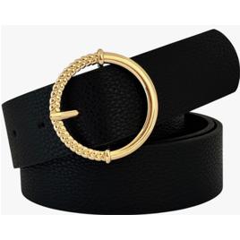 Cinto Feminino de Couro Preto Fivela Redonda Dourada ZeraStock