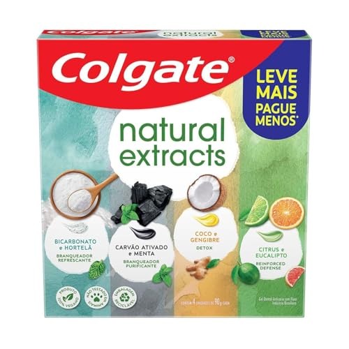 Colgate Creme Dental Clareador Natural Extracts 4x90g | Kit 4 unidades, Carvão Ativado e Menta, Bicarbonato e Hortelã, Detox Coco e Gengibre e Citrus e Eucalipto