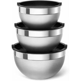Conjunto 3 Bowls Aço Inox com Tampa, Tigelas Multiuso para Cozinha Kit 3