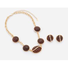 Conjunto com Colar e Brincos em Metal com Resina Dourado/Marrom