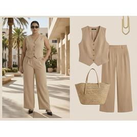 Conjunto de Colete V com Botões e Calça Wide Leg Alfaiataria Bege